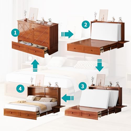 BALUS Murphy Bed Cabinet, 63" W Queen Cabinet Cube Chest Bed with Tri-fold Mattress, Charging Station