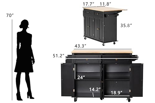 67’’ Movable Kitchen Island with Drop Leaf and Power Outlet, Lockable Sliding Countertop Rolling Island Cart with 2 Large Drawers, Spice, Towel Rack