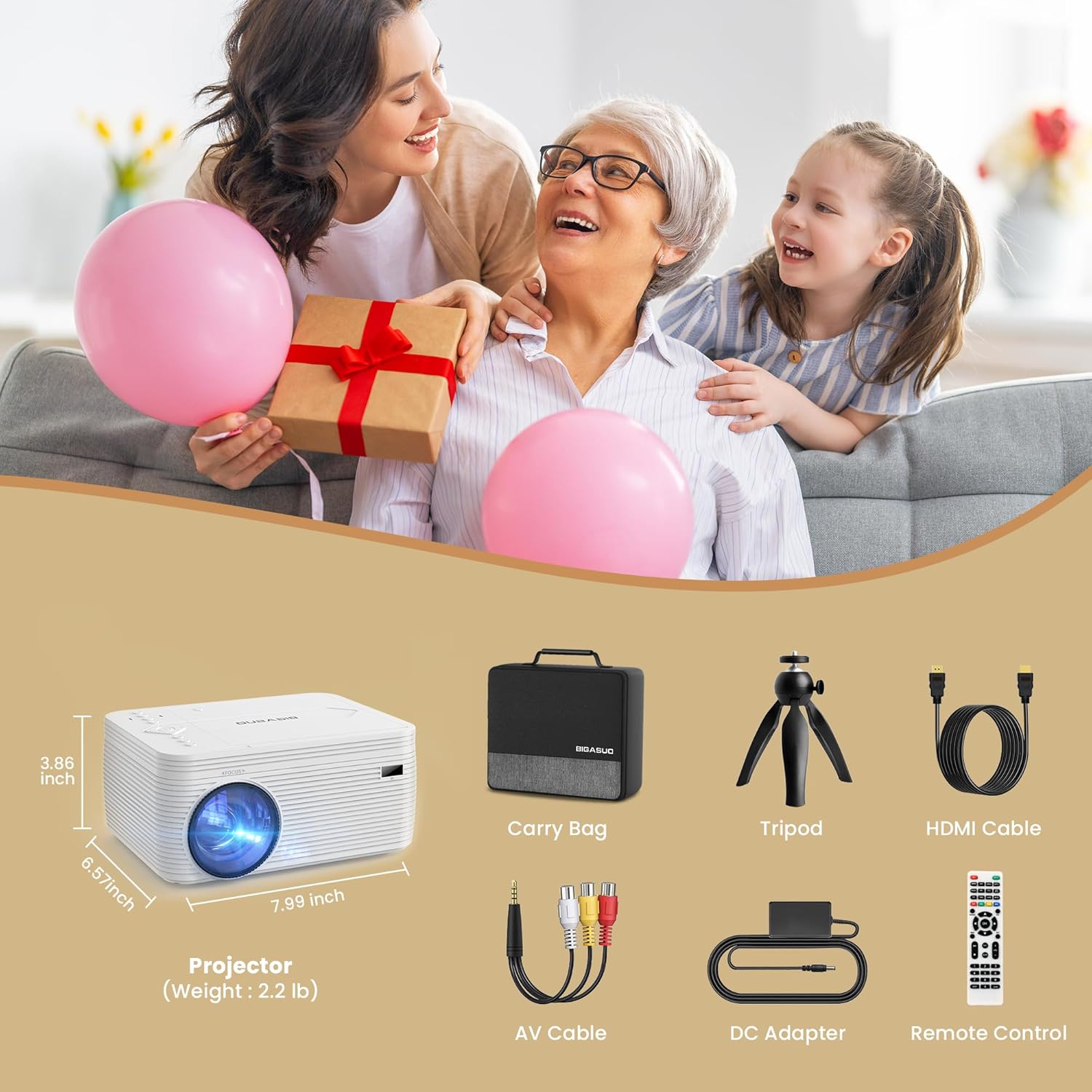 BIGASUO HD 9000L Bluetooth Projector Built in DVD Player, Mini Projector 1080P and 250”Supported with Tripod/ Carry Bag