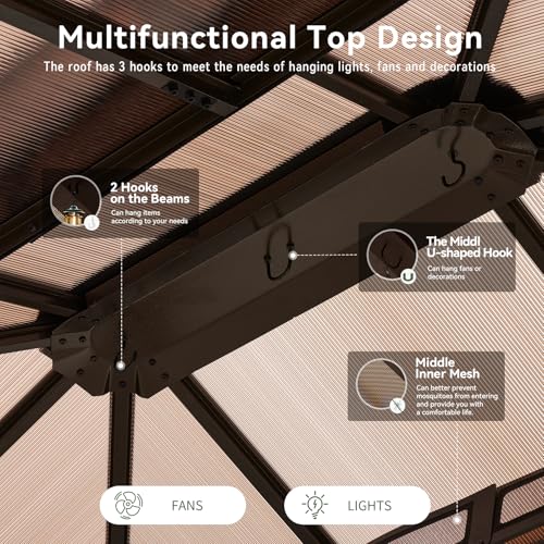 Aoxun 12'x10' Hardtop Gazebo, Aluminum Frame Permanent Pavilion with Curtains and Netting, Outdoor Polycarbonate Double Roof Canopy