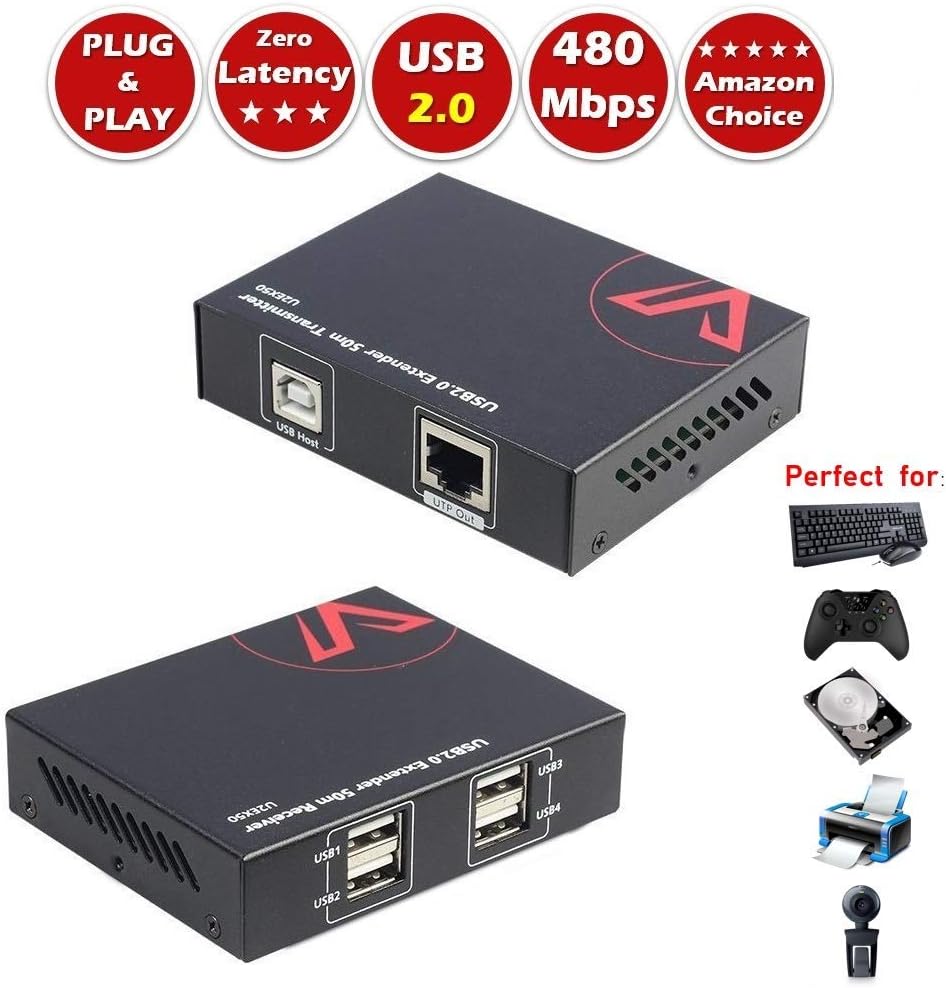 AV Access USB Extender Over Cat5e/6/6a/7 196ft/60M, 4 USB 2.0 Ports, Plug and Play, No Driver, Supports All Operating System