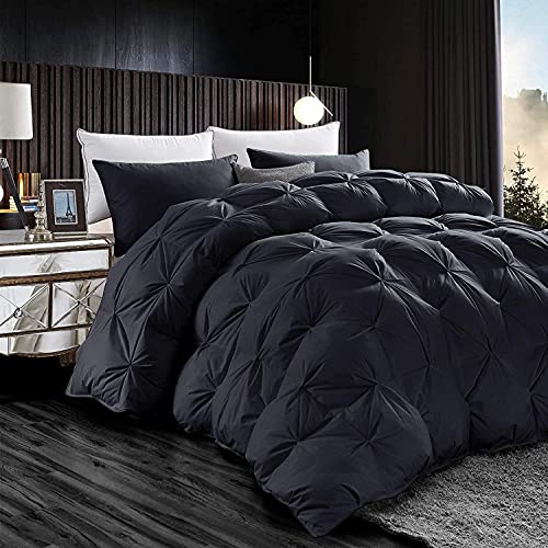 Luxurious All-Season Goose Down Feather Fiber Comforter Queen Size Duvet Insert, Premium White Solid Plain Design, Premium Baffle Box