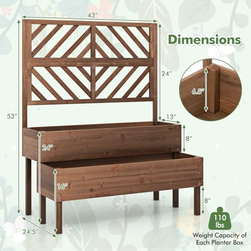 Raised Garden Bed with Trellis & 2 Planter Boxes, 2-Tier Outdoor Wooden Elevated Planter Box with Legs & Drainage Holes