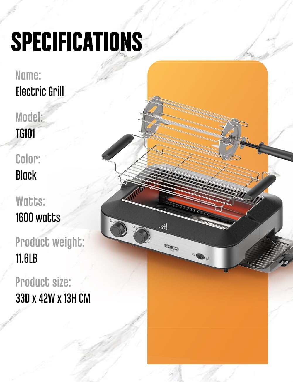 Electric Grill, Indoor BBQ Rotisserie, with Adjustable Temperature Control, Removable Grill & Griddle Nonstick Plates, 1600w Fast Heat Up
