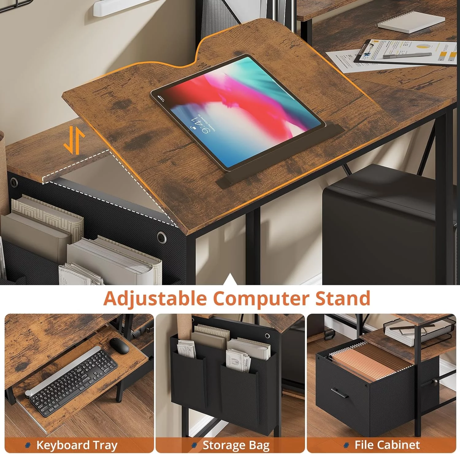AOGLLATI 95" Reversible Corner Office Desk with Storage, Adjustable Drafting Table, L Shaped Gaming Desk with Power Outlet and LED Light