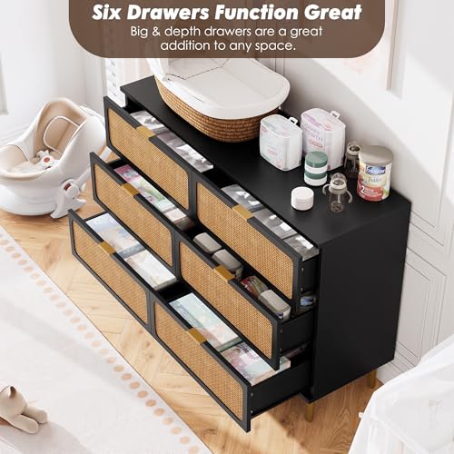 Rattan 5 Drawer Dressers for Bedroom, Tall Dresser with Deep Drawers, Large Chest of Drawers for Closet with Wide Top