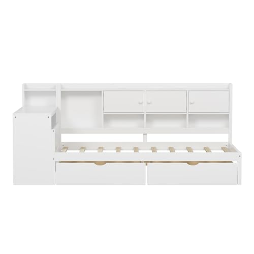 Corner Twin Bed Frame with Bookcase Storage and Desk, Wood Day Beds with 2 Drawers, Twin Size Daybed with Storage for Living Room
