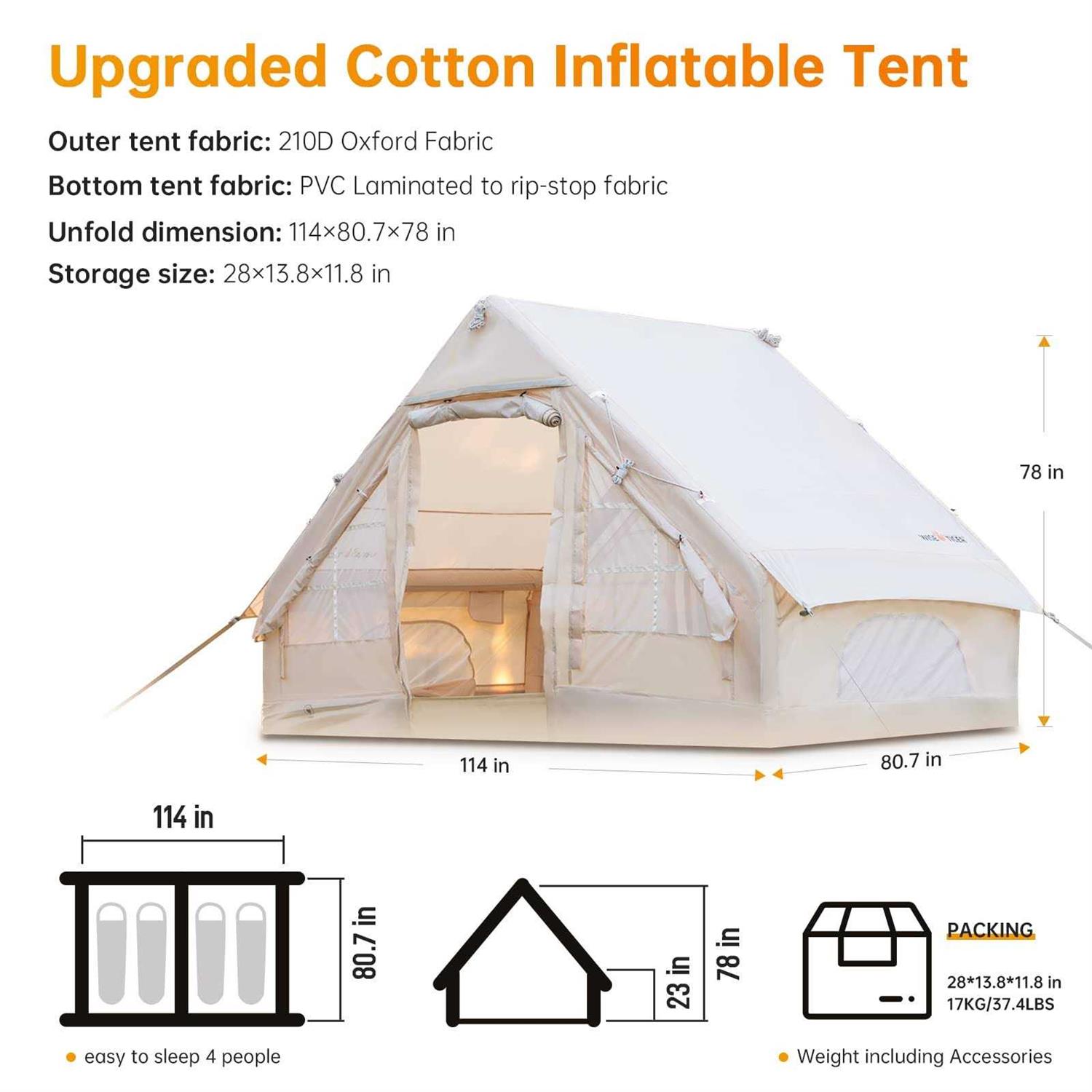 XLTTYWL Inflatable Camping Tent with Pump Glamping Tents Easy Setup 4 Season Waterproof Windproof Outdoor Blow Up Tent - Sports Supplies Online Store