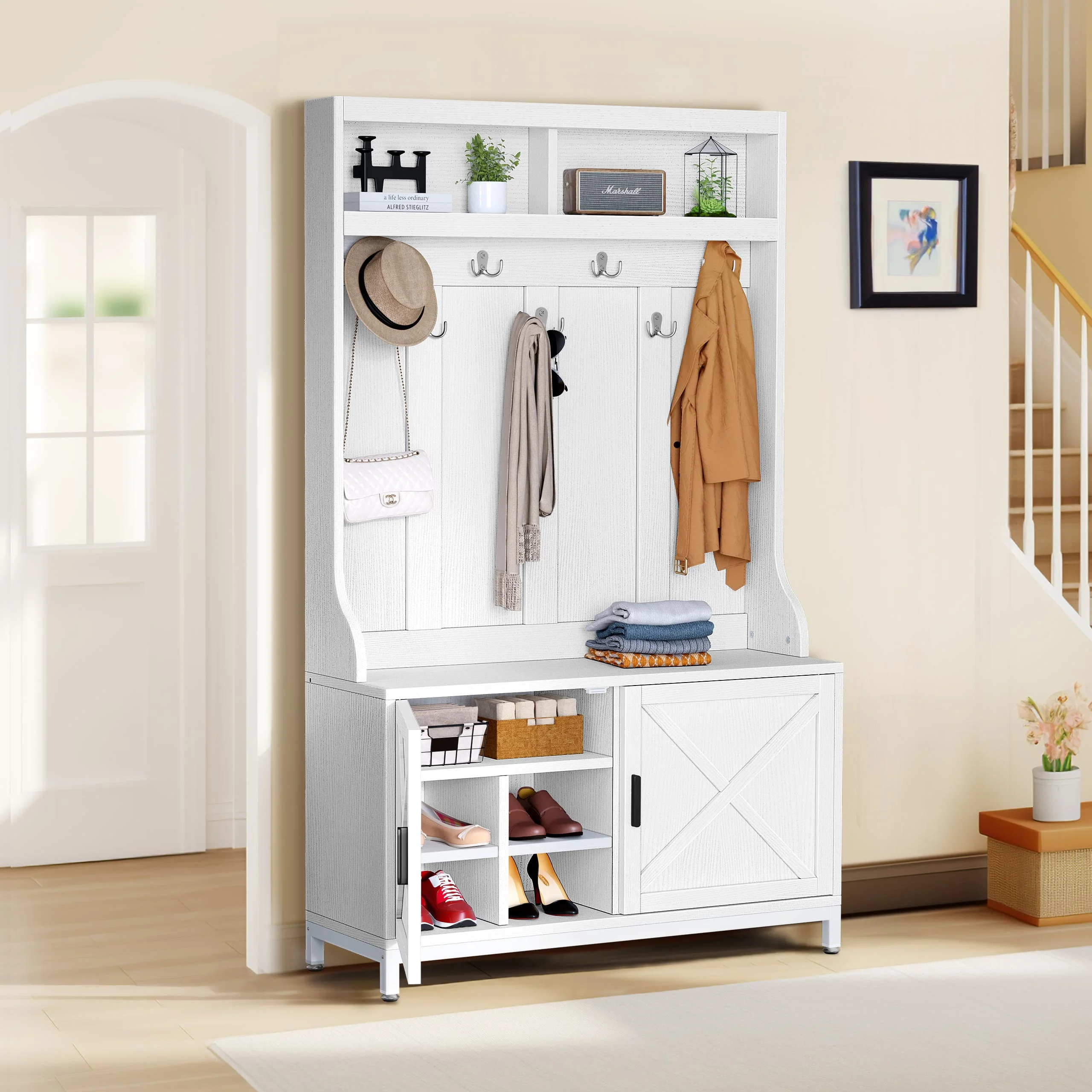 DWVO Hall Tree with Storage Bench, 3-in-1 White Entryway Coat Rack with 14 Hooks, Coat Hanger, Shoe Cabinet for Hallway, Living Room