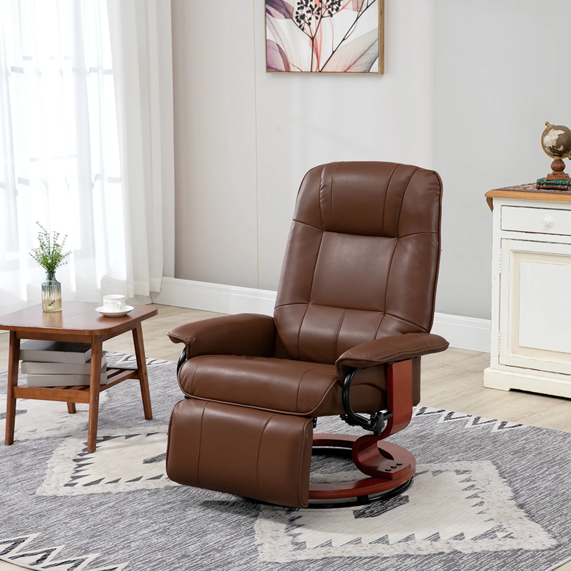 HOMCOM Faux Leather Manual Recliner with Swivel Wood Base, Brown