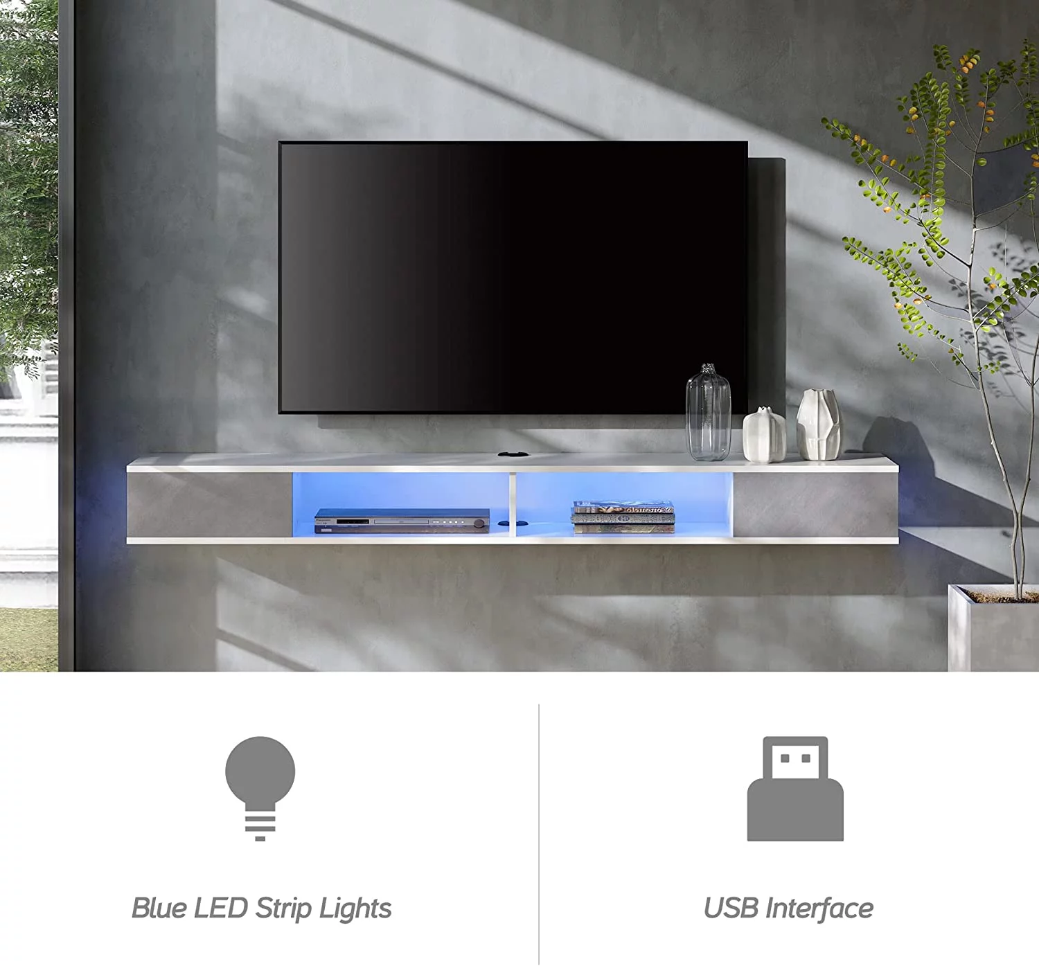 70 inch Floating TV Stand for Wall Mounted, Floating Entertainment Center TV Cabinet for Living Room,Grey&White