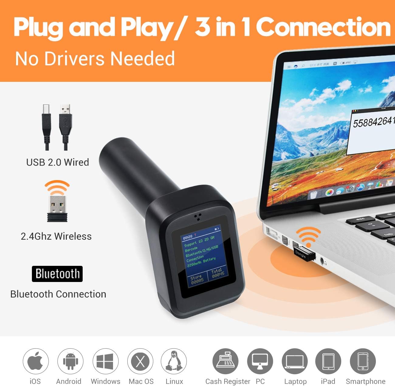 Tera 2D QR Wireless Barcode Scanner with Screen Display Battery Level Indicator and Time Display Work with Bluetooth 2.4G Wireless 2200mAh Large
