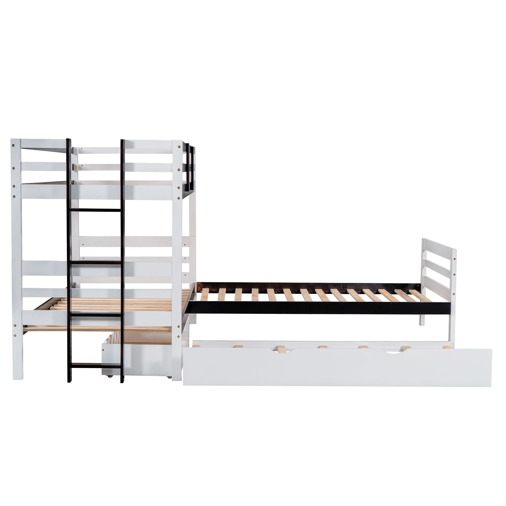 L-Shaped Twin Bunk Bed and Platform Bed with Trundle and Drawer, White - Curated Treasures Market