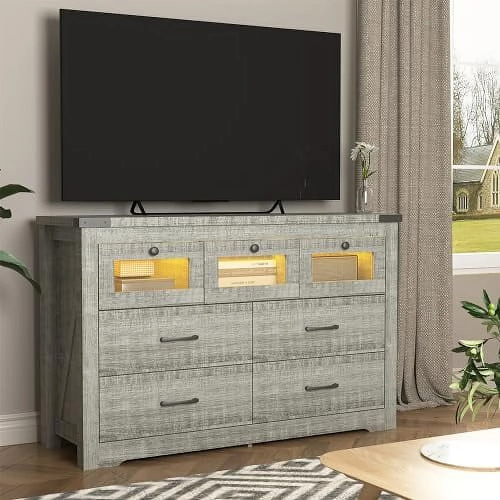 Grey Farmhouse Dresser for Bedroom 7 Drawer Dresser with LED Light  Wood  Dresser Chest of Drawers Wide TV Stand Dresser for Bedroom