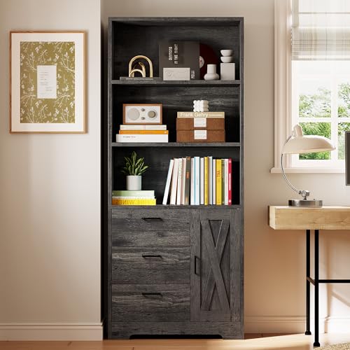 IRONCK Bookshelf with Door and 3 Drawers, 71in Tall Bookcase Shelf with 3-Tier Shelves, for Bedroom Living Room Entrance Hallway Home Office