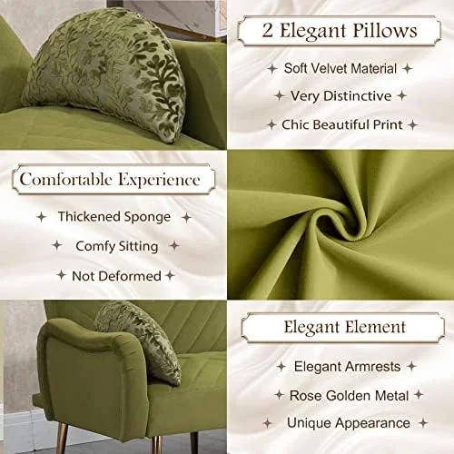 RUNFAYBIU Modern Velvet Futon Sofa Bed  Convertible Loveseat with 2 Crescent-shaped Pillows  Small Sleeper Sofa with 3 Adjustable Positions