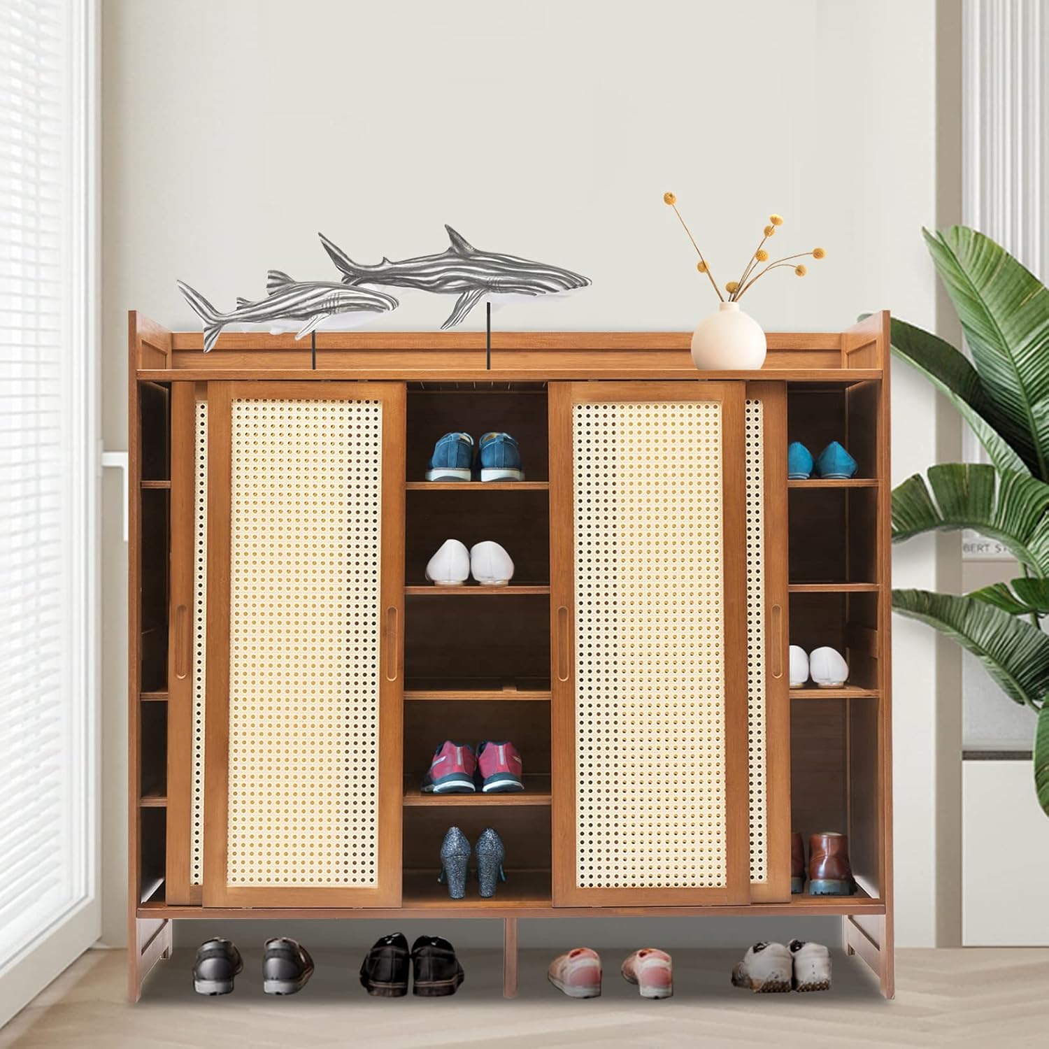 6 Tier Shoe Cabinet Storage with Grid Doors for Entryway Natural Bamboo Shoe Cabinet Shoe Rack Shoe Organizer Space Saving Shoe Storage Bench for