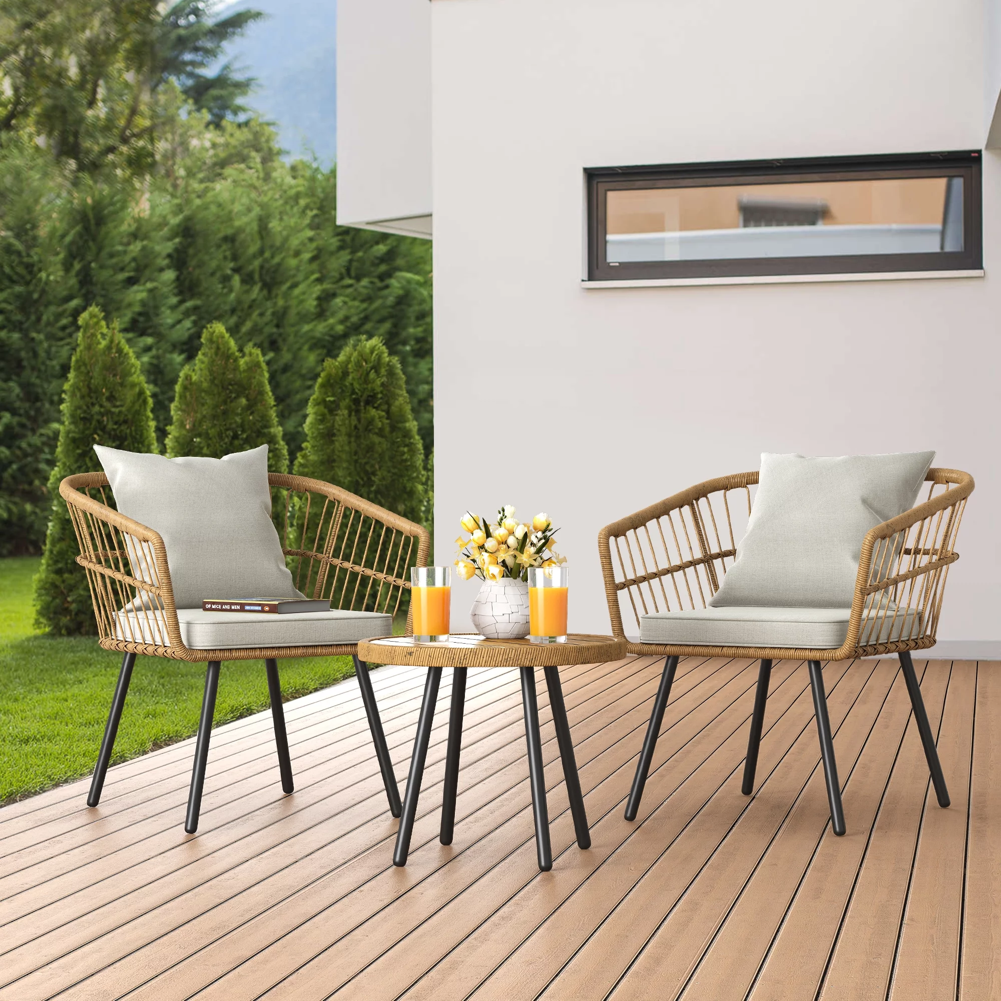 Dextrus 3 Piece Outdoor Wicker Furniture Patio Bistro Set, PE Rattan Wicker Chairs Set with Table and Cushions