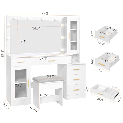 BEWISHOME 49.2" Large Vanity Desk with Mirror and Lights,White Makeup Vanity Table with Glass Top,Stool,Makeup Desk with Power Outlet,Drawers,Cabinet