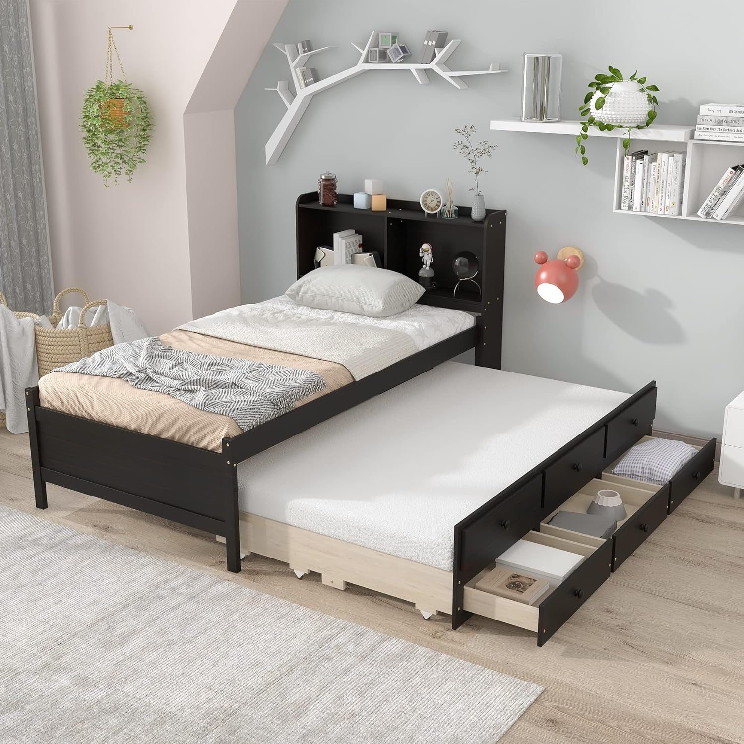 Twin Captain’s Bed with Bookcase Headboard, Wood Twin Size Bed Frame with Trundle and 3 Drawers for Kids, Teens, Adults, Espresso