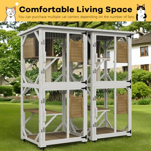 OFIKA Cat House Catio Outdoor Enclosure with Waterproof Roof,71'' cat House & Condos on Wheels for Outdoor Patio,Cat Window Box,Scratching Post（White）