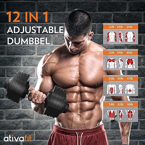 Ativafit 27.5/66/88LBS Pair Adjustable Dumbbell Set with Anti-slip Handle 12 In 1 Quick Dial Adjustment Weights With Safety Locking Button Space