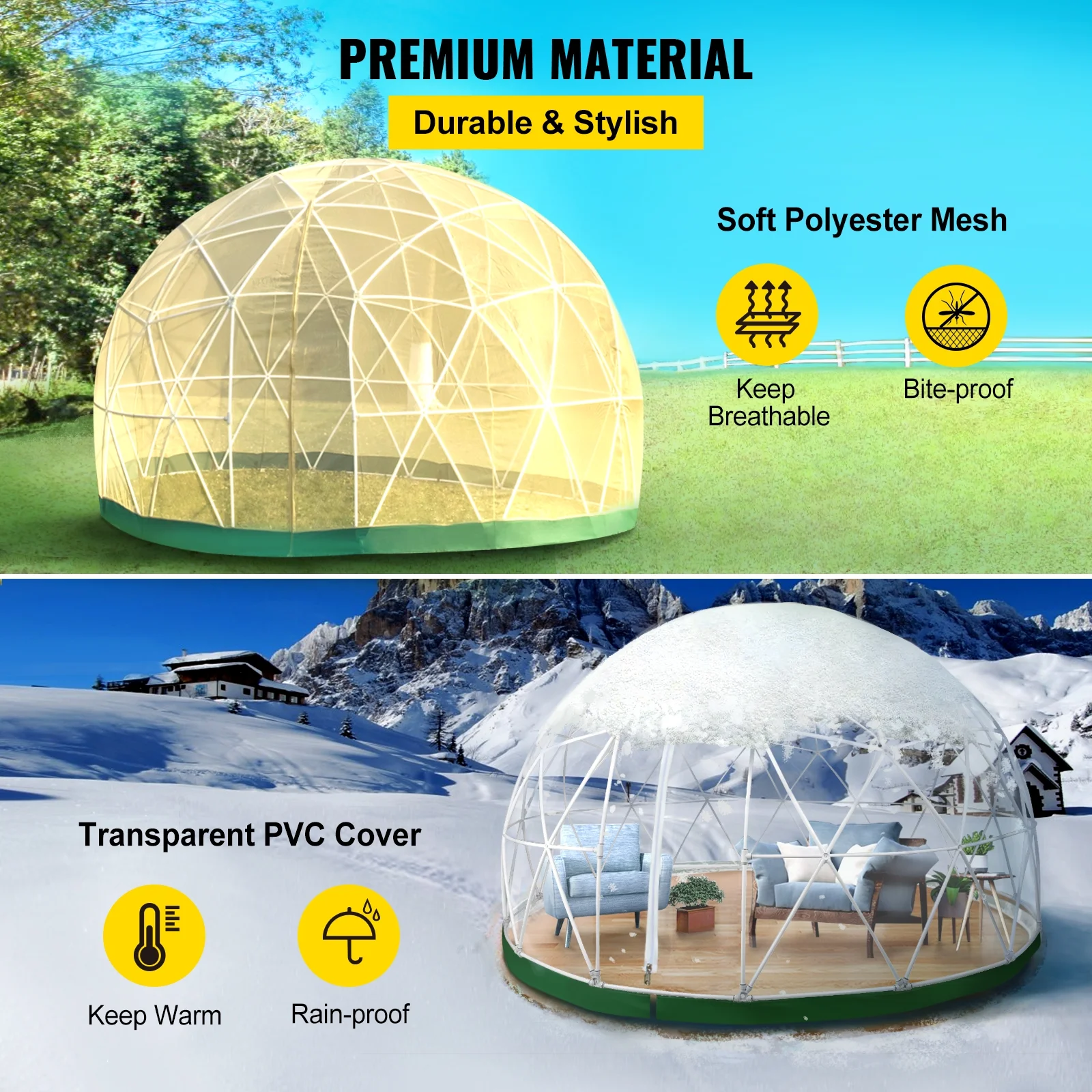 VEVORbrand Dome Igloo Bubble Tent with PVC Cover and Mesh Cover - Geodesic Dome 9.5ft - Lean to Greenhouse with Door and Windows for Sunbubble