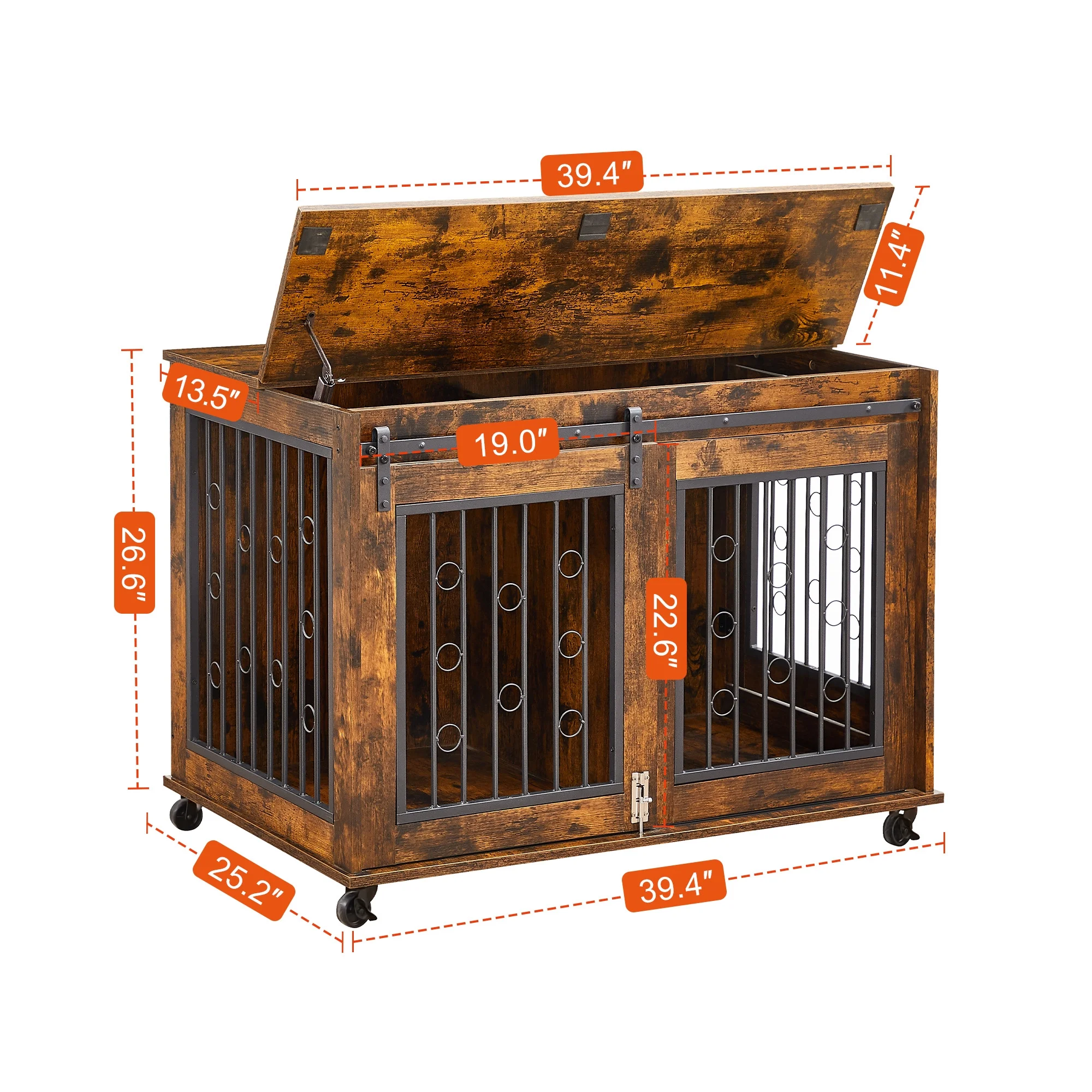 Ostreici 39" Anti-Bite Furniture Style Dog Crate Sliding Barn Door, Dog Kennel End Table w/ Wheels