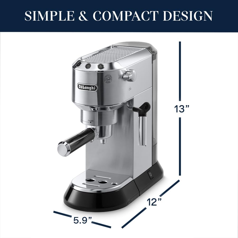 De'Longhi Dedica EC680M, Espresso Machine, Coffee and Cappucino Maker with Milk Frother, Metal / Stainless, Compact Design 6 in Wide