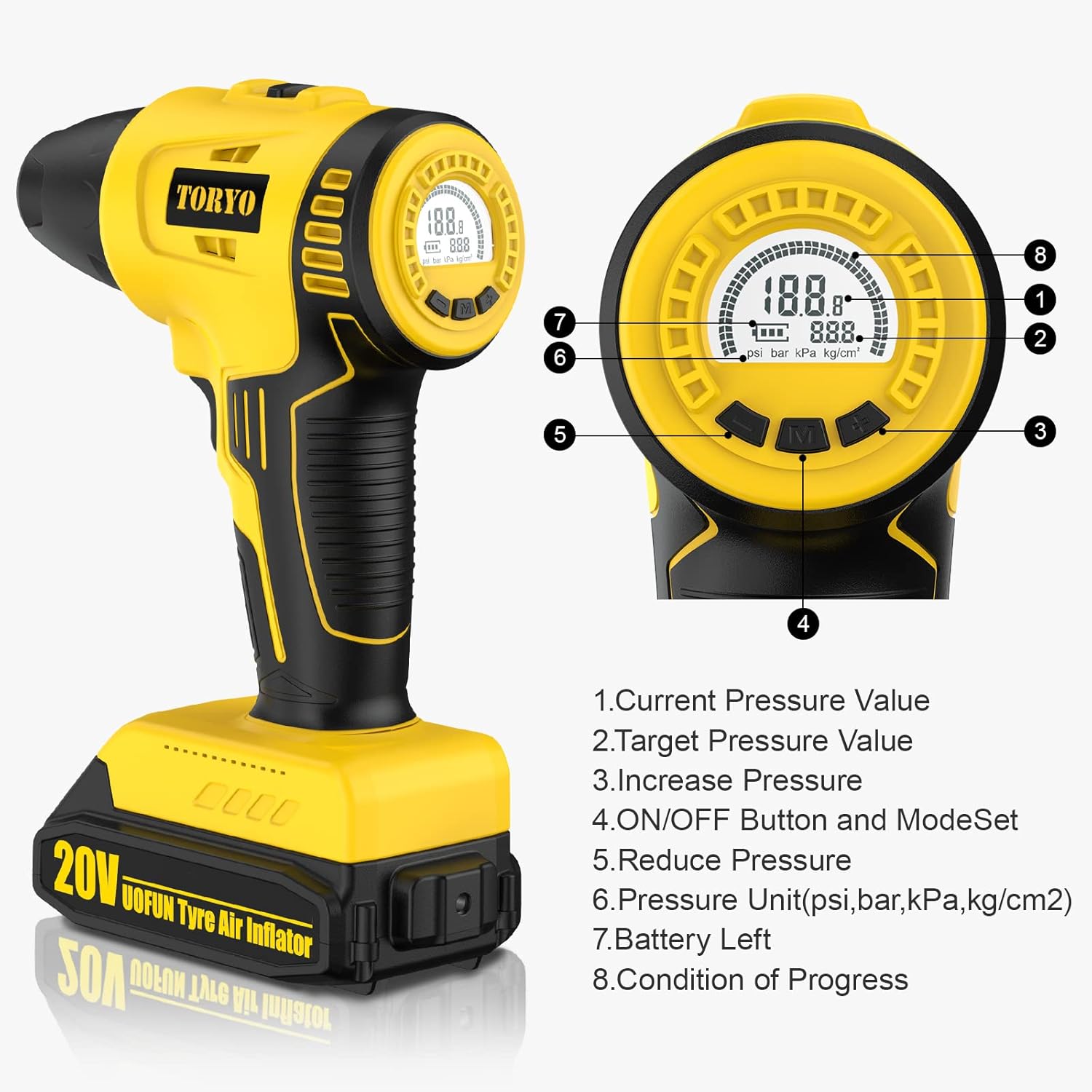 TORYO Tire Inflator, 20V 150PSI Portable Air Compressor Cordless Tire Pump with 2500mAh Rechargeable Li-ion Battery& 12V Car Power Adapter