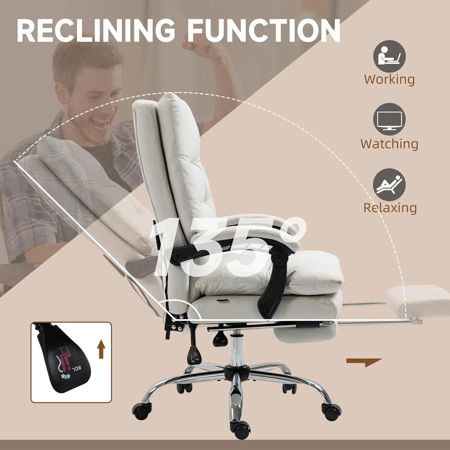 Microfibre Executive Massage Office Chair, Computer Desk Chair, Heated Reclining Chair With Footrest, Double-Tier Padding, Swivel Wheels, Cream White