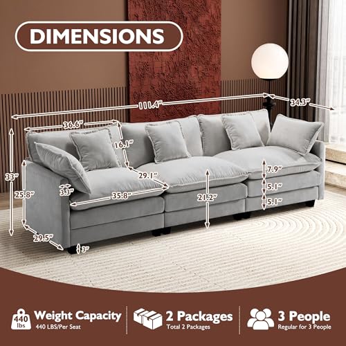Ihanherry 111.4" U Shaped Modern Cloud Sofa Modular Sectional Couch with 2 Ottoman, 5-Seat Chenille Deep Seat Sofa with Pillow for Living Room