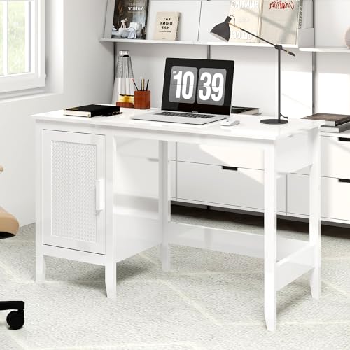 47" Executive Desk,Farmhouse Computer Desk with Drawers and Cabinet，Wood Home Office Desk，Rattan Wicker Desk for Bedroom, White