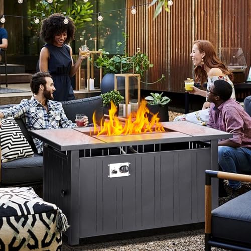 30" Propane Fire Pit with Real Ceramic Tabletop, 50000 BTU Gas Firepit Table with Lid & Glass Rock, Outdoor Fire Pit for Dining or Party