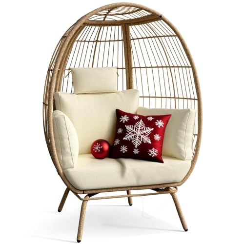 DWVO Rattan Egg Chair with Ottoman, Indoor Outdoor Egg Shape Wicker Chair for Patio, Backyard, Living Room, Basket Chair w/Footrest, 5 Cushions