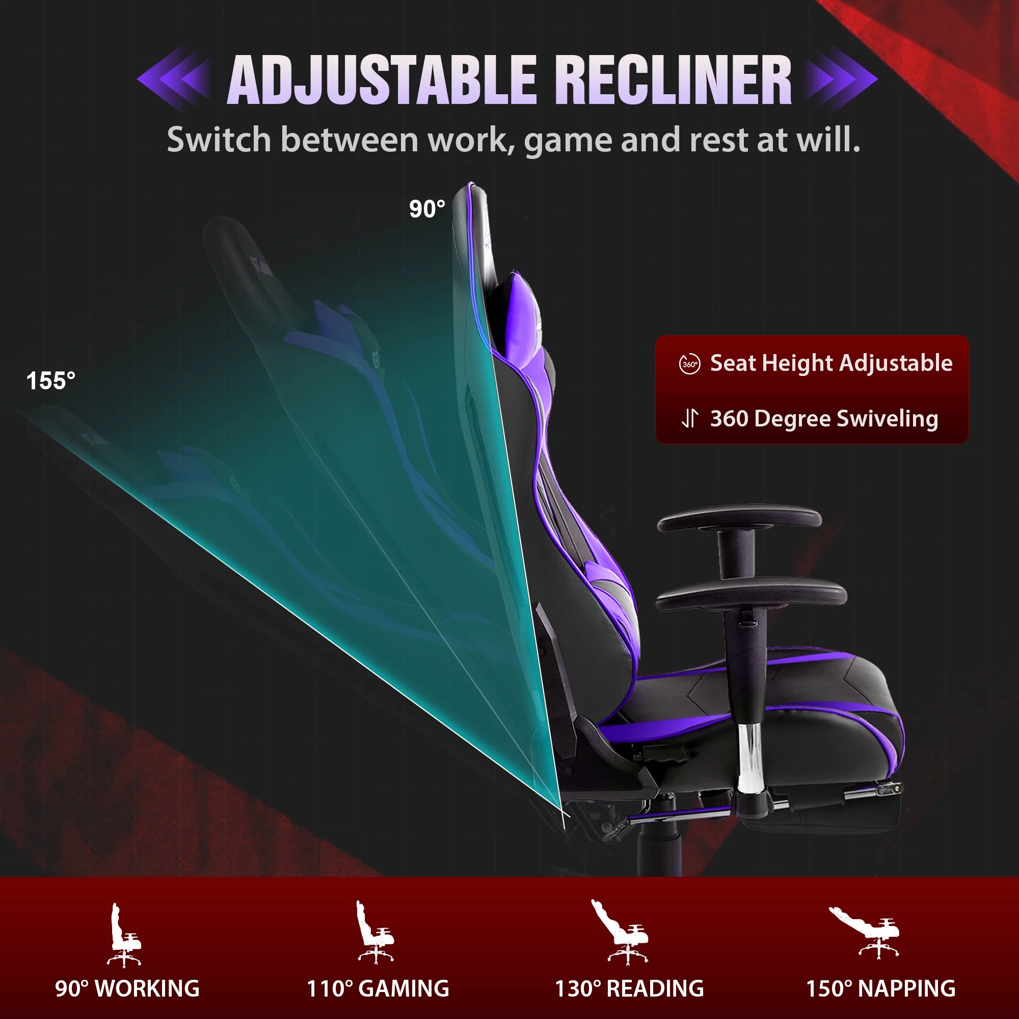 GTRACING Gaming Chair with Footrest PU Leather Office Chair with Adjustable Headrest, Purple - Radiant Selections