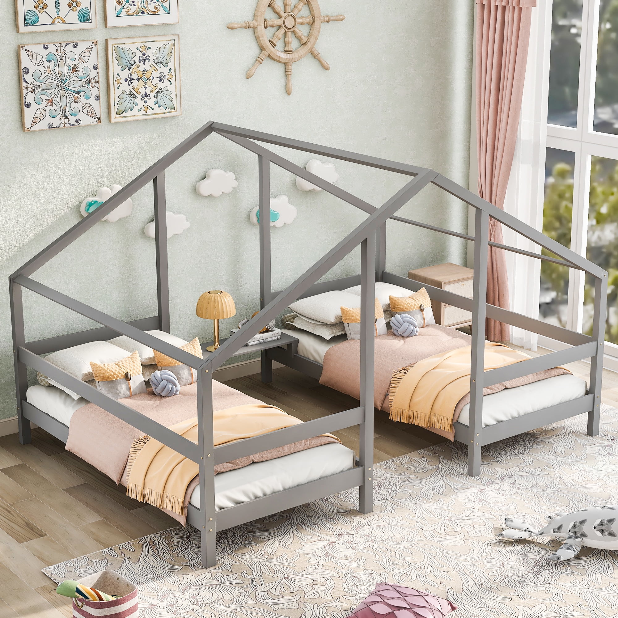 Holaki Double Twin Size Triangular House Beds with Built-in Table.Gray