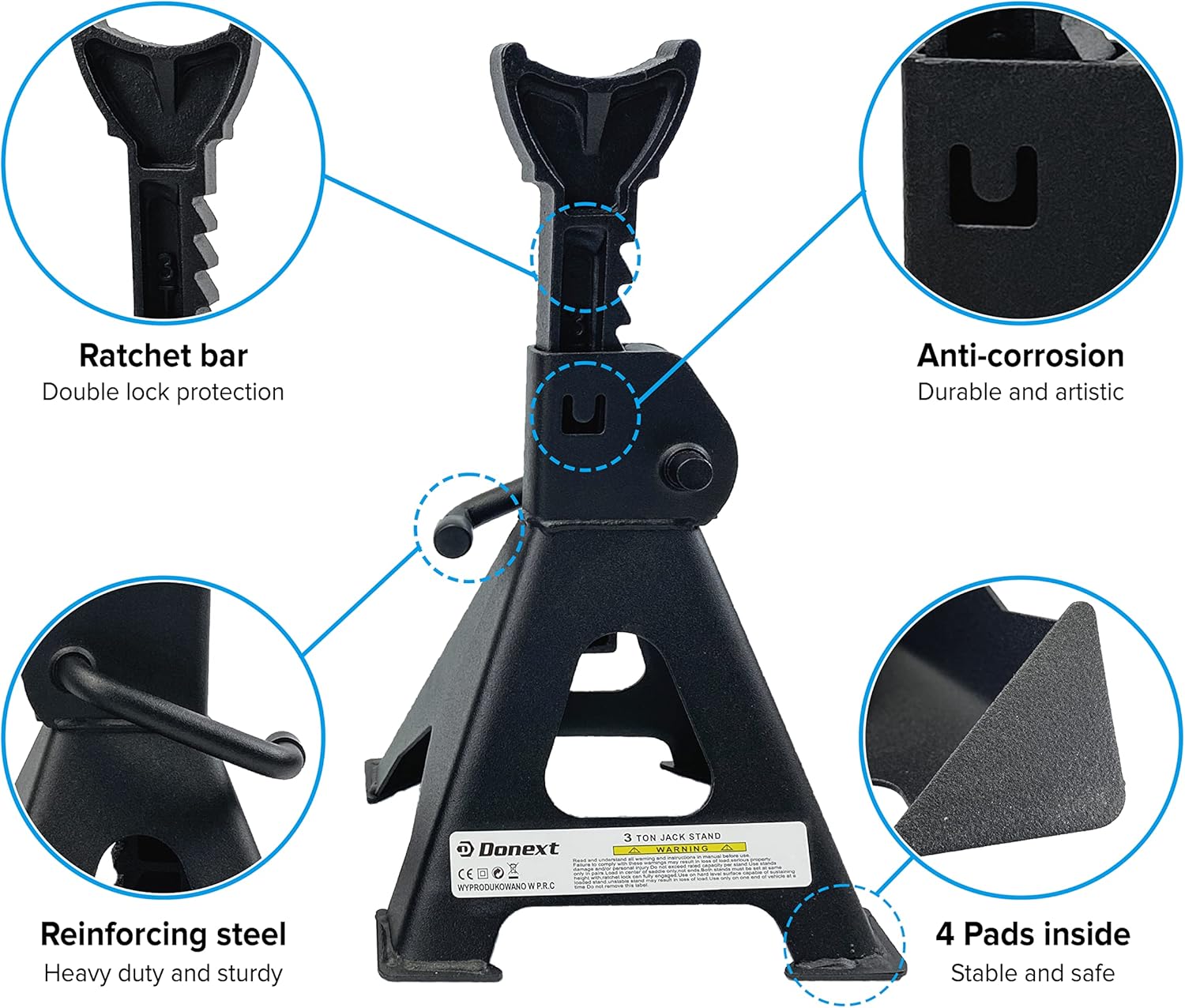 Donext Jack Stand 6 Ton Capacity Steel, Self-Locking Lifting Design Heavy Duty Jack Stands for Auto Vehicle Truck SUV, 1 Pair, Black