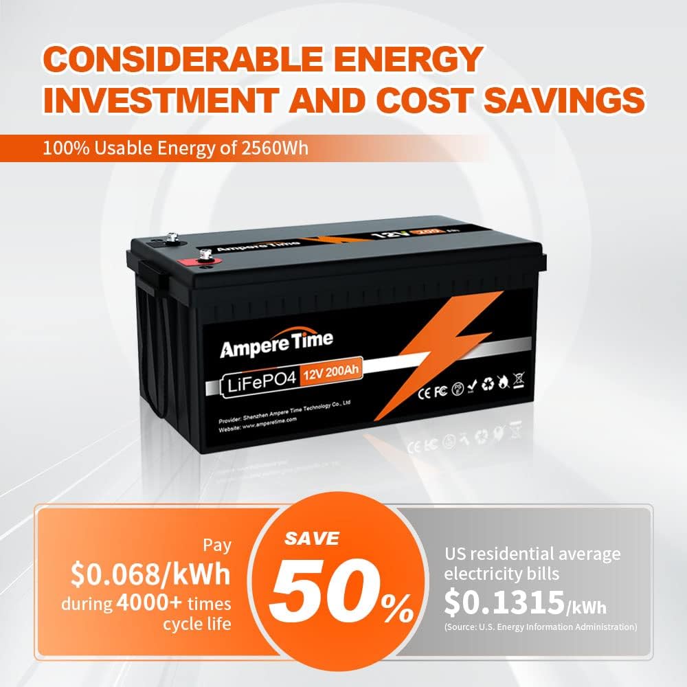 Ampere Time 12V 300Ah LiFePO4 Battery with 14.6V 20A Dedicated Lithium Battery Charger, Max 2560W Power Output, Built-in 200A BMS, 4000+ Cycles