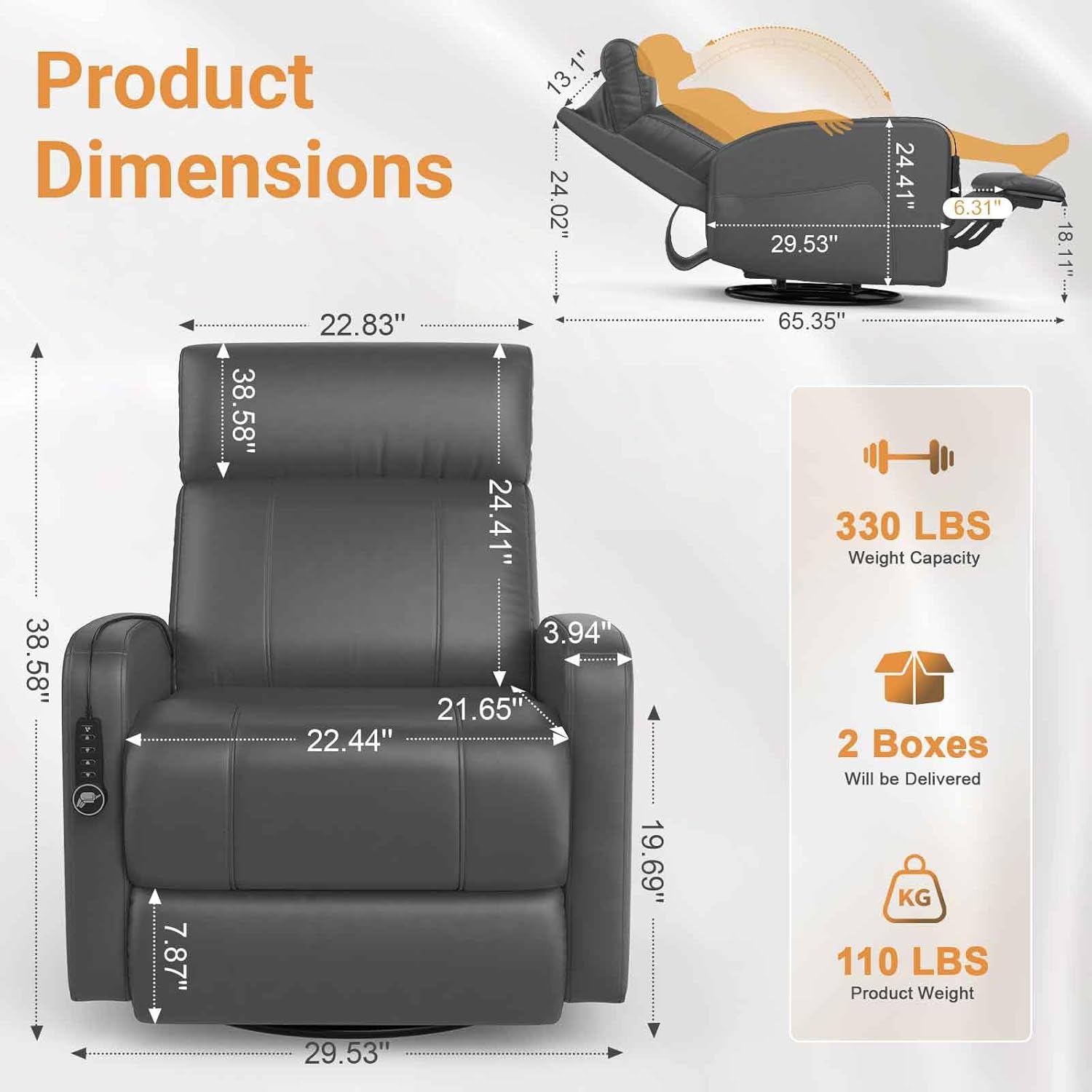 Power Recliner Nursery Glider Chair, Power Adjustable Head Support, 270 Degree Swivel Glider Rocking Chair with USB & Type C Ports