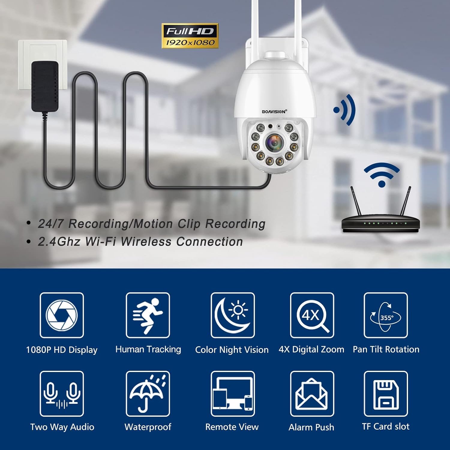 Security Camera Outdoor, Wireless WiFi IP Camera Home Security System 360&deg; View,Motion Detection, auto Tracking,Two Way Talk