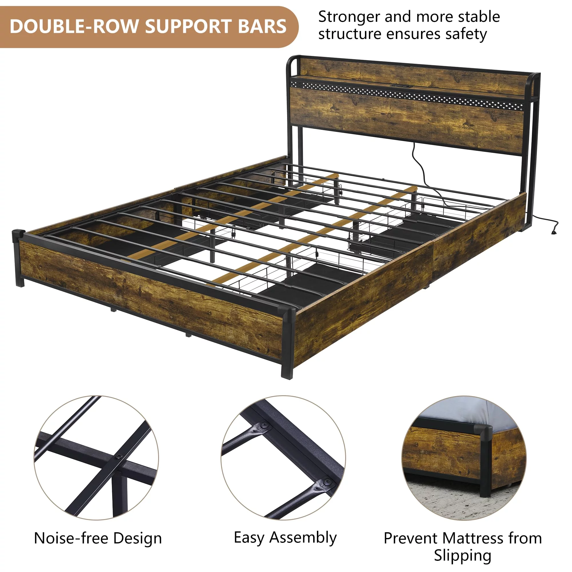 King Size Bed Frame with 4 Storage Drawers, LED Bed Frame with Charging Station, Metal Platform Bed King with Headboard & LED Lights