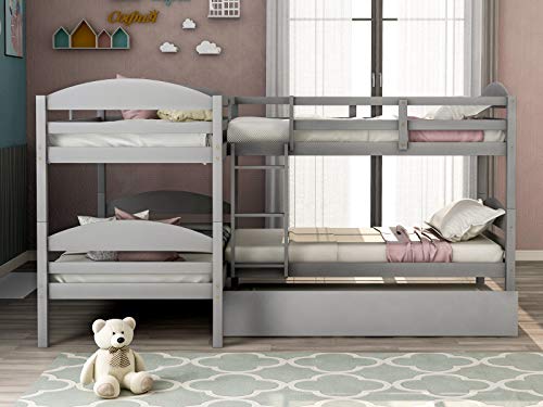 Four Bunk Bed Twin-Over-Twin-Over-Twin-Over-Twin L Shaped Bunk Bed with Trundle, Bunk Bed Can be Divided into 2 L-Shaped Beds for Accommodating 5