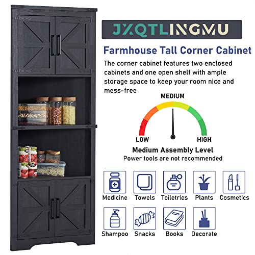 JXQTLINGMU Farmhouse Corner Cabinet, Tall Corner Bathroom Storage Cabinet with Barn Door Design & Adjustable Shelves, for Laundry Room, Living Room
