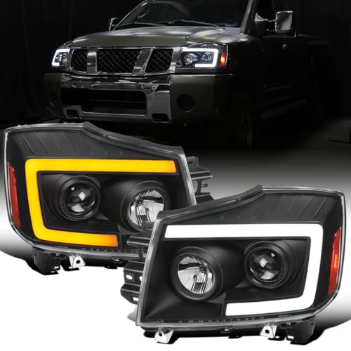 Fits 2004-2015 Nissan Armada Titan Upgraded Replacement Projector Headlights LED Switchback Sequential Turn Signals Assembly Pair | Black