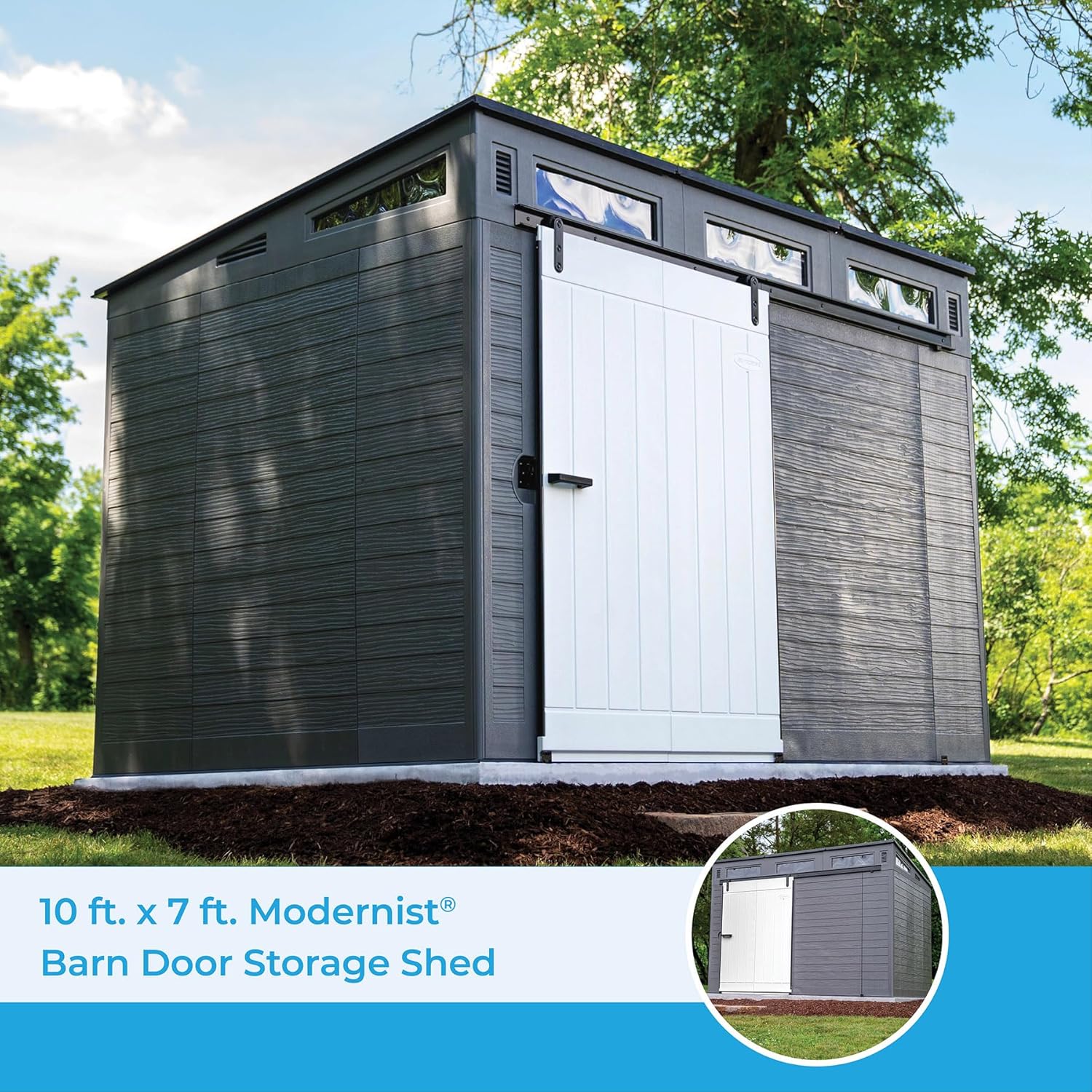 Suncast Modernist 10 Foot by 7 Foot Outdoor Plastic Storage Shed with Pad Lockable Sliding Barn Door for Outdoor Storage Items, Gray and Black