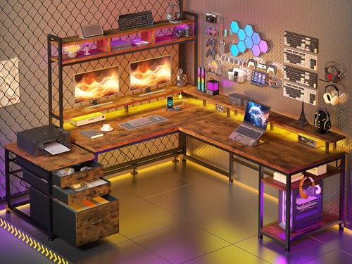 EnHomee Large L Shaped Gaming Desk with Hutch and Drawers, 64" W Reversible Computer Desk with Storage Shelves