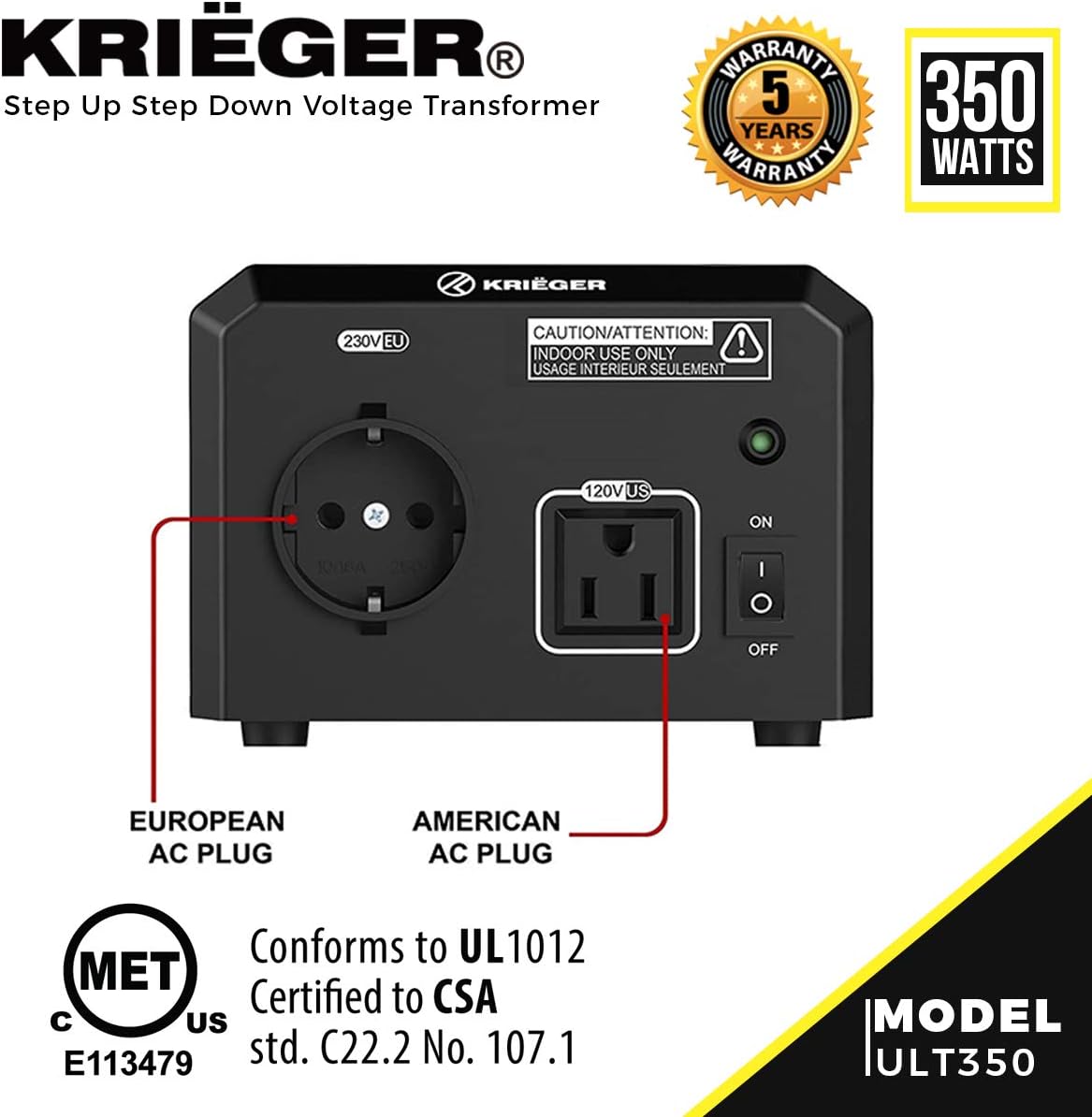 Krieger 350 Watt Voltage Transformer, 110/120V to 220/240V Step Up Step Down Voltage Converter with AC Outlets, ETL Approved Under UL, CSA Pack of 2
