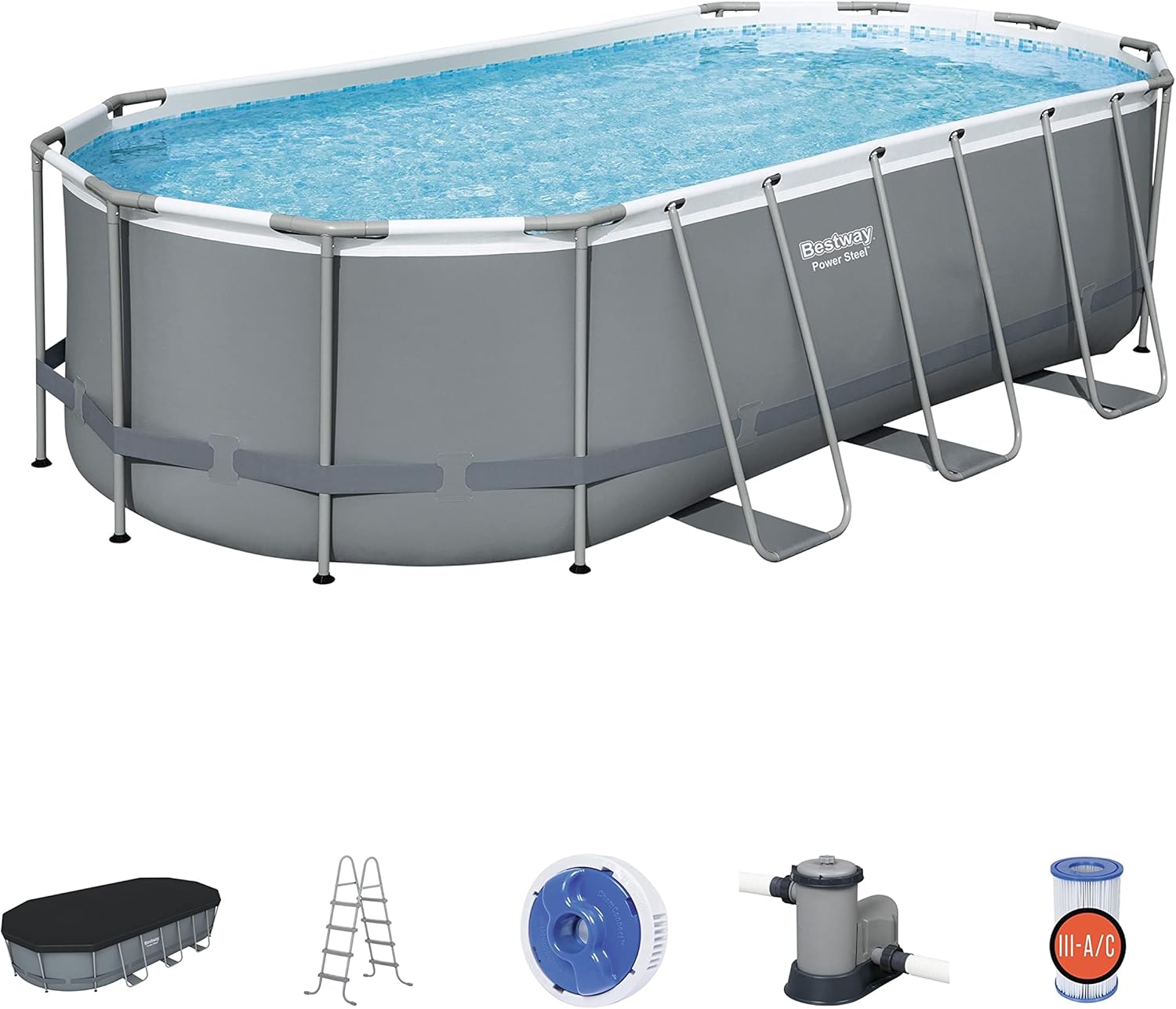 Bestway 56711E Power Steel 18' x 9' x 48 Outdoor Oval Frame Above Ground Swimming Pool Set with 1500 GPH Cartridge Filter Pump, Cover, & Ladder, Gray