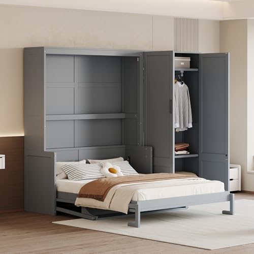 Queen Size Murphy Bed Wall Bed with Desk and Closet,Drawers and Shelves,for Small Spaces Studio Study Office Guest Room Use (Gray#Desk, Queen)